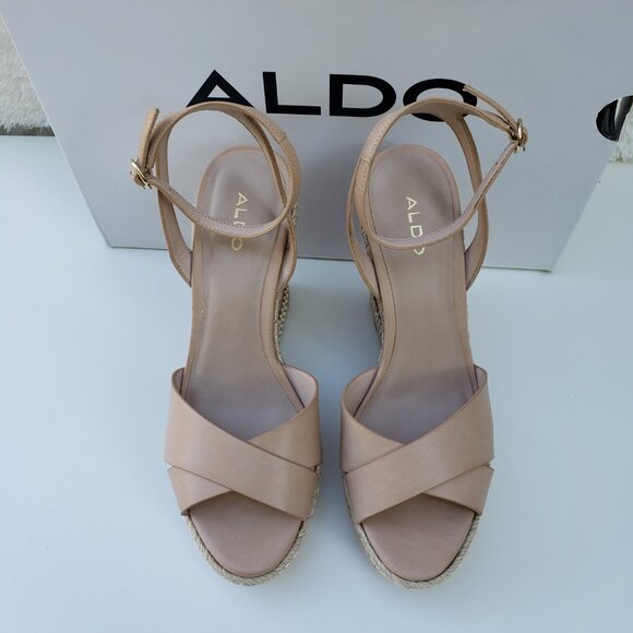 NEW ALDO PLATFORM WEDGE HEELS SANDALS, Leather, Beige, Women's shoes Size 10 - Picture 3 of 11